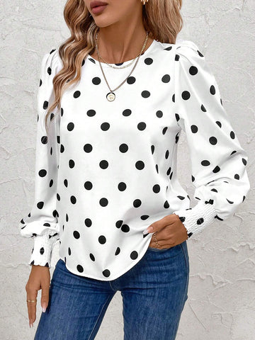 Clasi Women's Black & White Polka Dot Print Lantern Sleeve Ruffled Blouse
