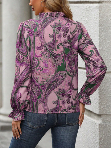 Clasi Women's Botanical Print V-Neck Long Sleeve Casual Blouse, Autumn