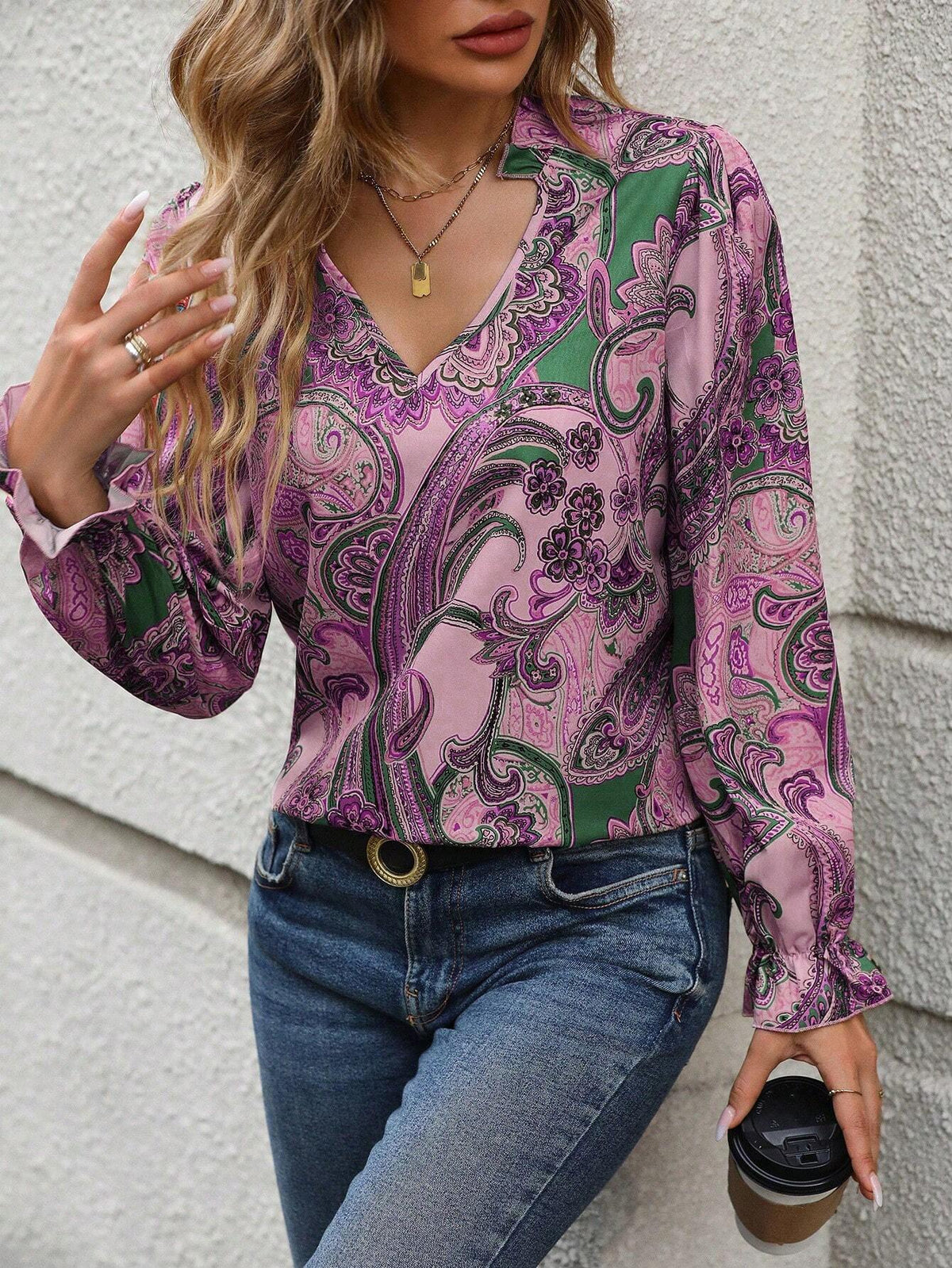 Clasi Women's Botanical Print V-Neck Long Sleeve Casual Blouse, Autumn