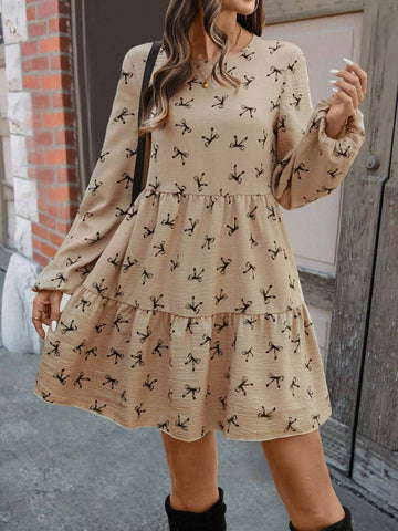 Women's Bow Decor Print Round Neck Lantern Sleeve Loose Smock Dress For Autumn