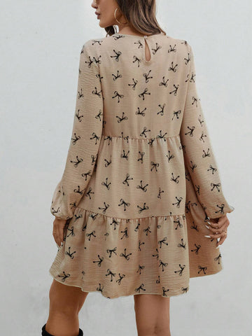 Women's Bow Decor Print Round Neck Lantern Sleeve Loose Smock Dress For Autumn