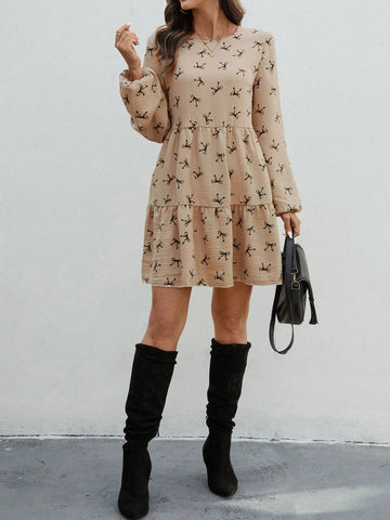 Women's Bow Decor Print Round Neck Lantern Sleeve Loose Smock Dress For Autumn