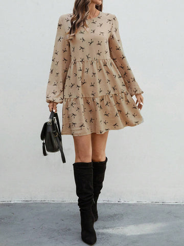 Women's Bow Decor Print Round Neck Lantern Sleeve Loose Smock Dress For Autumn