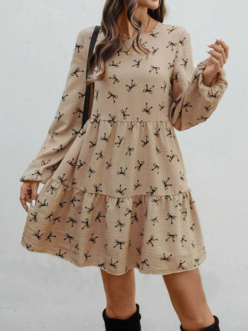 Women's Bow Decor Print Round Neck Lantern Sleeve Loose Smock Dress For Autumn