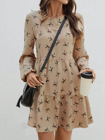 Women's Bow Decor Print Round Neck Lantern Sleeve Loose Smock Dress For Autumn