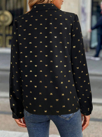 Clasi Women's Bow Tie Foil Print Long Sleeve Shirt