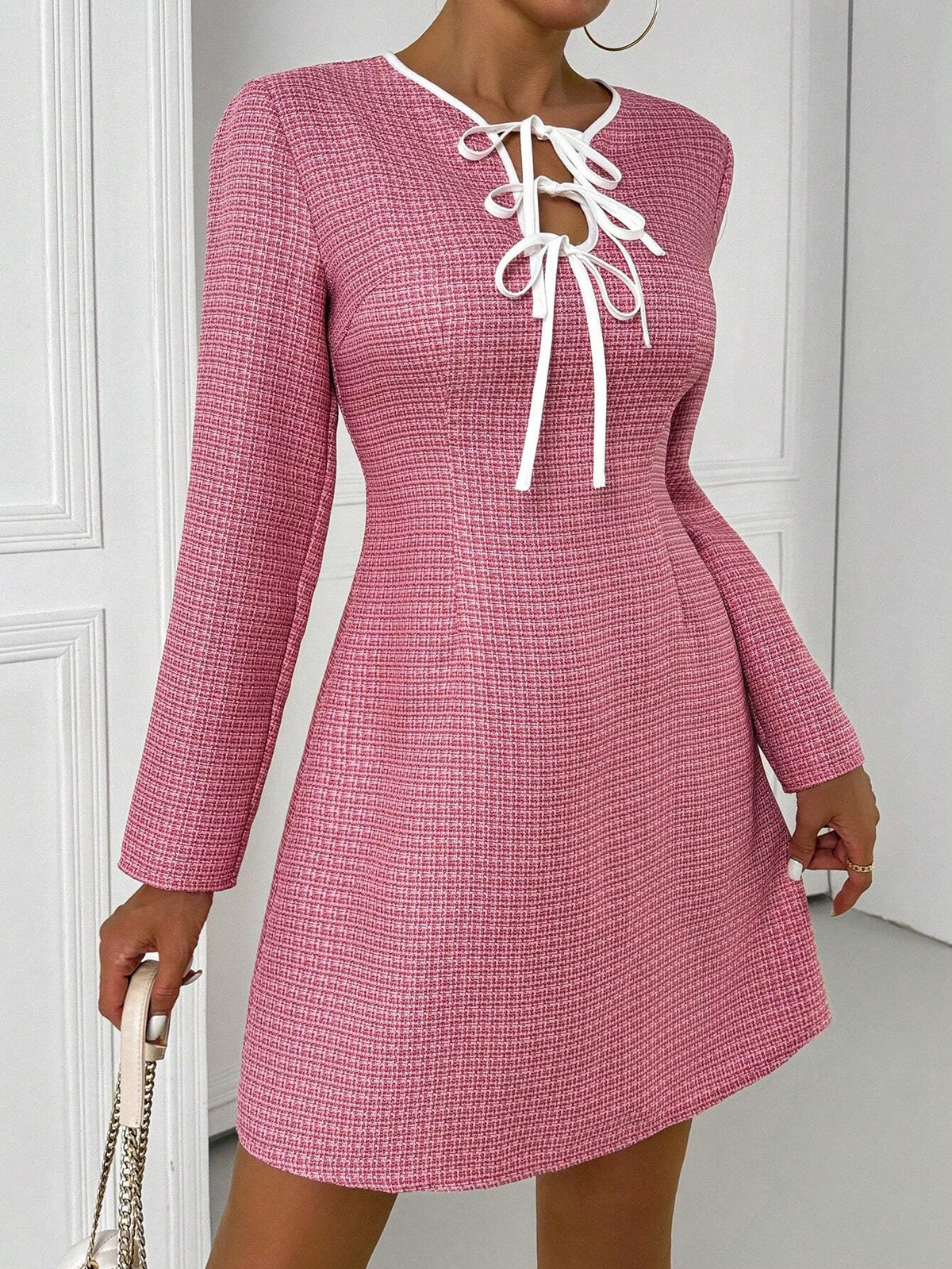Women's Bow Tie Front Long Sleeve A-Line Short Dress