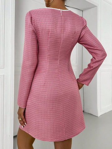 Women's Bow Tie Front Long Sleeve A-Line Short Dress