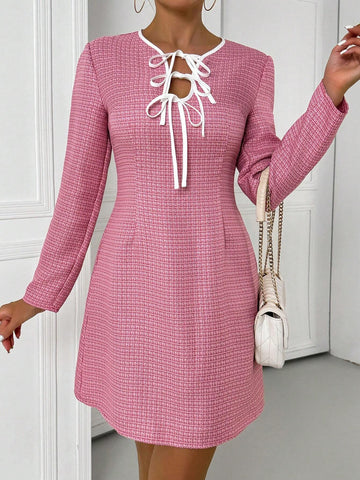 Women's Bow Tie Front Long Sleeve A-Line Short Dress