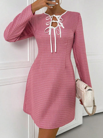 Women's Bow Tie Front Long Sleeve A-Line Short Dress