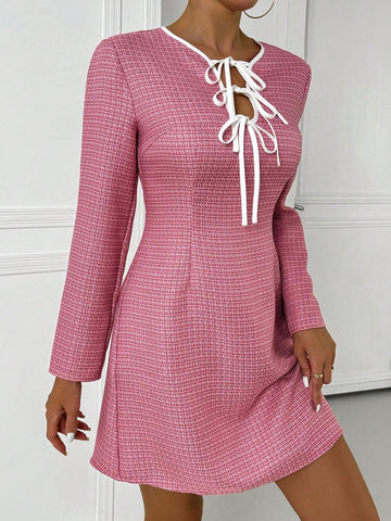 Women's Bow Tie Front Long Sleeve A-Line Short Dress