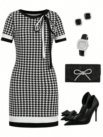 Women's Bow Tie Houndstooth Print Short Sleeve Mini Dress