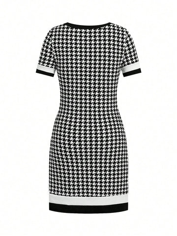 Women's Bow Tie Houndstooth Print Short Sleeve Mini Dress