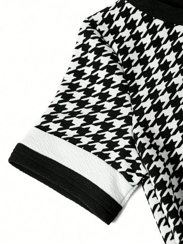 Women's Bow Tie Houndstooth Print Short Sleeve Mini Dress