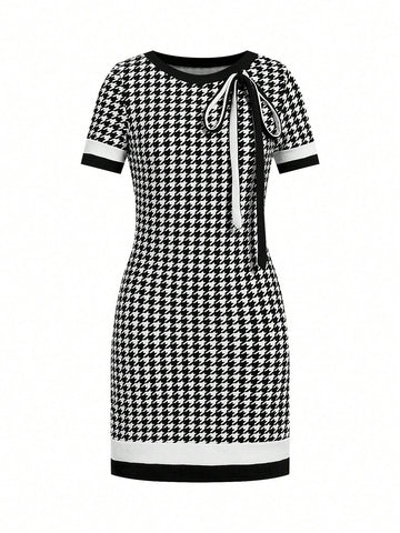 Women's Bow Tie Houndstooth Print Short Sleeve Mini Dress
