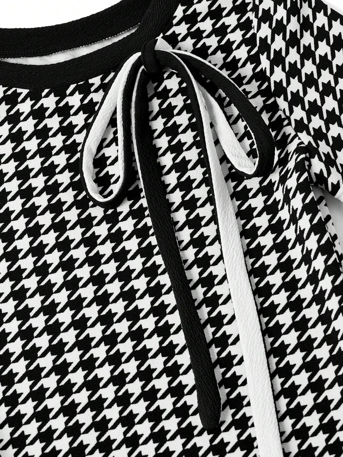 Women's Bow Tie Houndstooth Print Short Sleeve Mini Dress