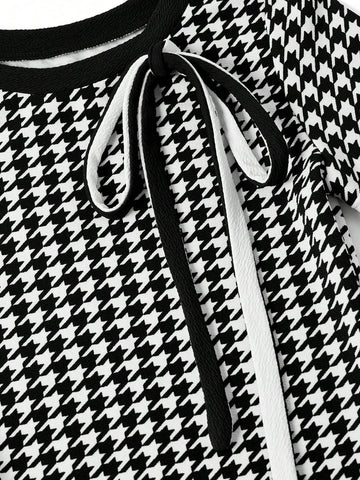 Women's Bow Tie Houndstooth Print Short Sleeve Mini Dress