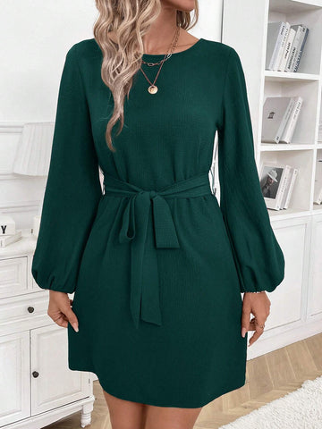 Women's Brown Crew Neck Puff Sleeve Cinched Waist Bow Short Dress, Elegant Fashion Fit For