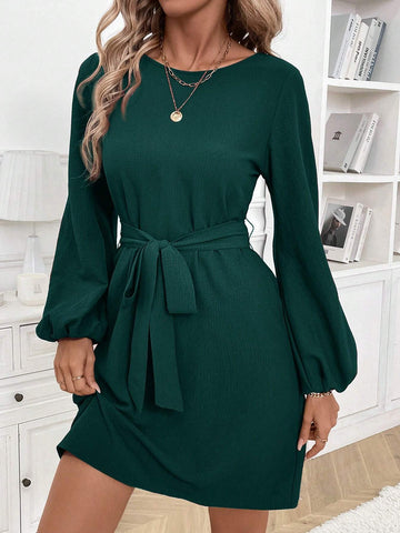 Women's Brown Crew Neck Puff Sleeve Cinched Waist Bow Short Dress, Elegant Fashion Fit For