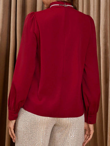 Clasi Women's Burgundy Long Sleeve Pearl Elegant Versatile Blouse (Detachable) Halloween Costume Fall Women Clothes Long Sleeve Shirt