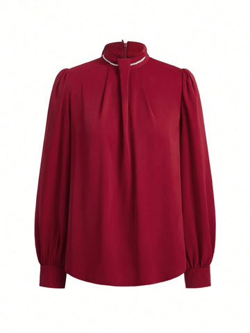 Clasi Women's Burgundy Long Sleeve Pearl Elegant Versatile Blouse (Detachable) Halloween Costume Fall Women Clothes Long Sleeve Shirt