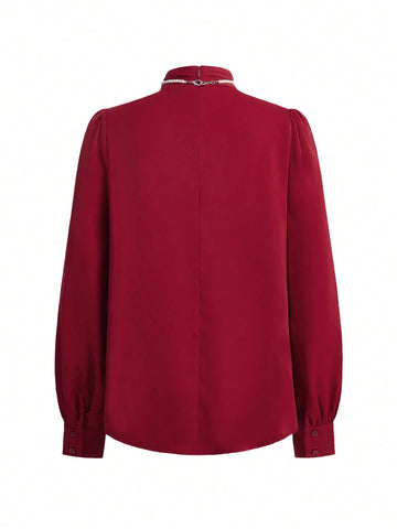 Clasi Women's Burgundy Long Sleeve Pearl Elegant Versatile Blouse (Detachable) Halloween Costume Fall Women Clothes Long Sleeve Shirt