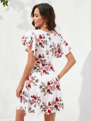 Women's Butterfly Sleeve Allover Print Swing Dress