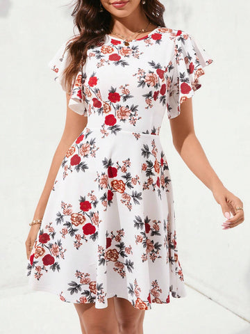 Women's Butterfly Sleeve Allover Print Swing Dress