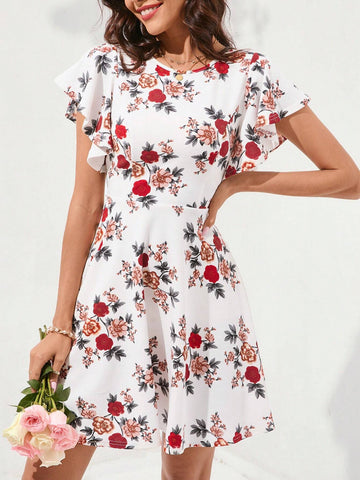 Women's Butterfly Sleeve Allover Print Swing Dress