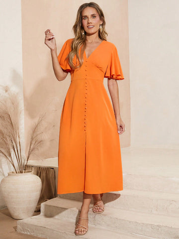 Women's Butterfly Sleeve Waist-Cinching Dress