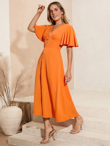 Women's Butterfly Sleeve Waist-Cinching Dress