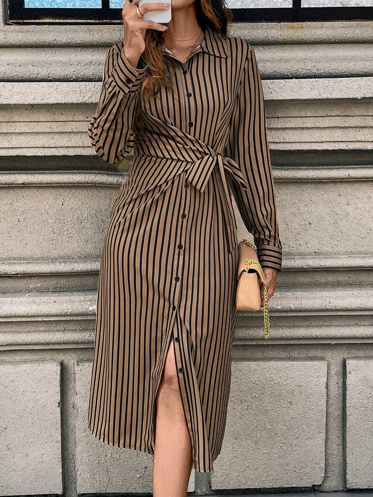 Women's Button Sleeve Striped Waist Tie Split Elegant Charming Gentle Dress