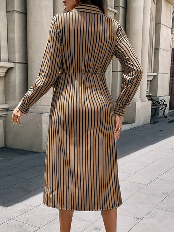 Women's Button Sleeve Striped Waist Tie Split Elegant Charming Gentle Dress