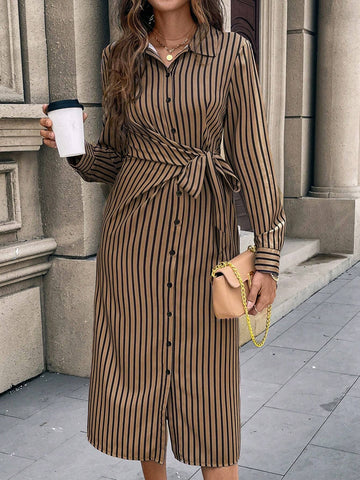 Women's Button Sleeve Striped Waist Tie Split Elegant Charming Gentle Dress