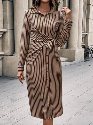 Women's Button Sleeve Striped Waist Tie Split Elegant Charming Gentle Dress