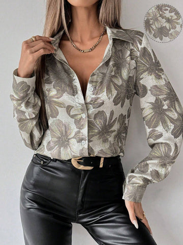 Clasi Women's Button Up Floral Print Long Sleeve Casual Blouse