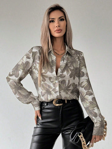 Clasi Women's Button Up Floral Print Long Sleeve Casual Blouse