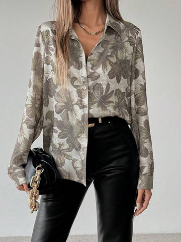 Clasi Women's Button Up Floral Print Long Sleeve Casual Blouse