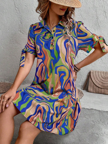 Women's Casual All-Over Print Button Half Placket Tie Sleeve Dress, Summer