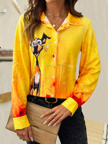 Clasi Women's Casual Cartoon Dog Printed Long Sleeve Button-Down Shirt, Autumn