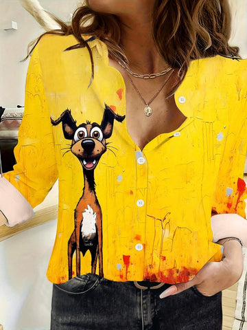 Clasi Women's Casual Cartoon Dog Printed Long Sleeve Button-Down Shirt, Autumn