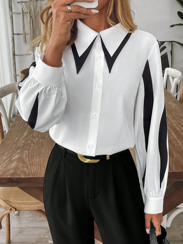 Clasi Women's Casual Color Contrast Print Shirt, Suitable For Commute