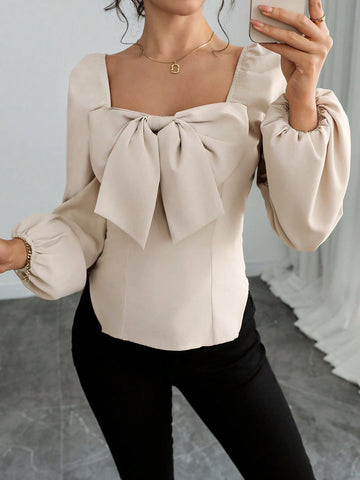 Clasi Women's Casual Commute Elegant Lovely Square Collar Puff Sleeve Bow Decor Fitted Trapeze Hem Long Sleeve Short Blouse Top