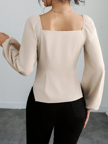 Clasi Women's Casual Commute Elegant Lovely Square Collar Puff Sleeve Bow Decor Fitted Trapeze Hem Long Sleeve Short Blouse Top