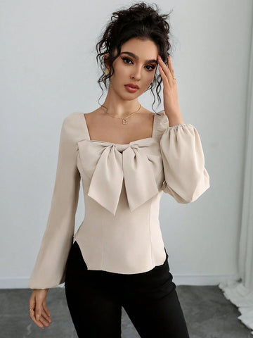 Clasi Women's Casual Commute Elegant Lovely Square Collar Puff Sleeve Bow Decor Fitted Trapeze Hem Long Sleeve Short Blouse Top