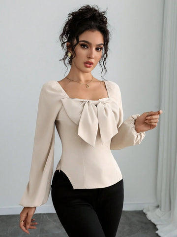 Clasi Women's Casual Commute Elegant Lovely Square Collar Puff Sleeve Bow Decor Fitted Trapeze Hem Long Sleeve Short Blouse Top