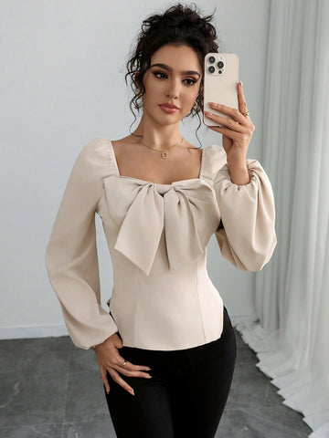 Clasi Women's Casual Commute Elegant Lovely Square Collar Puff Sleeve Bow Decor Fitted Trapeze Hem Long Sleeve Short Blouse Top