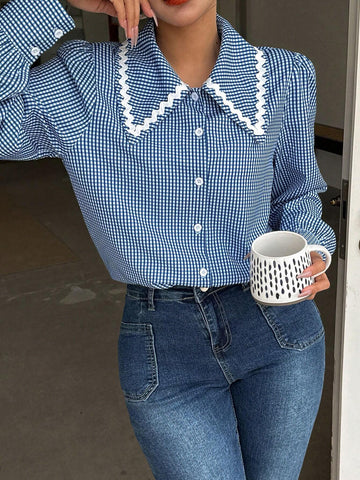 Clasi Women's Casual Elegant Plaid Print Front Button Long Sleeve Shirt