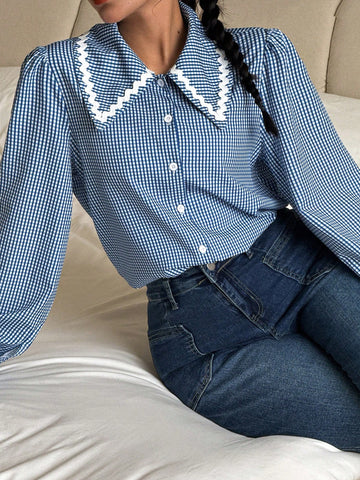 Clasi Women's Casual Elegant Plaid Print Front Button Long Sleeve Shirt