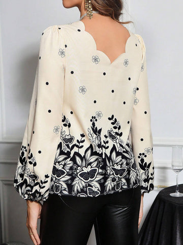 Clasi Women's Casual Elegant V-Neck Floral Print Lantern Sleeve Shell Trim Blouse, Autumn